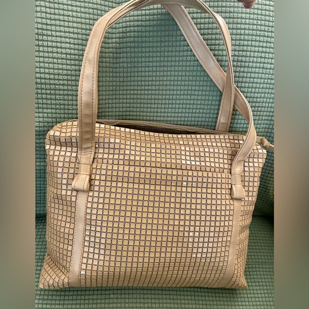 Lumured Vintage Chic Beige Vinyl Tile Mesh Shoulder Bag with 2 Smooth Straps